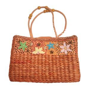 Vintage Y2K Braided Cornhusk Orange Raffia Colorful Floral Beaded Boho Artsy Bag